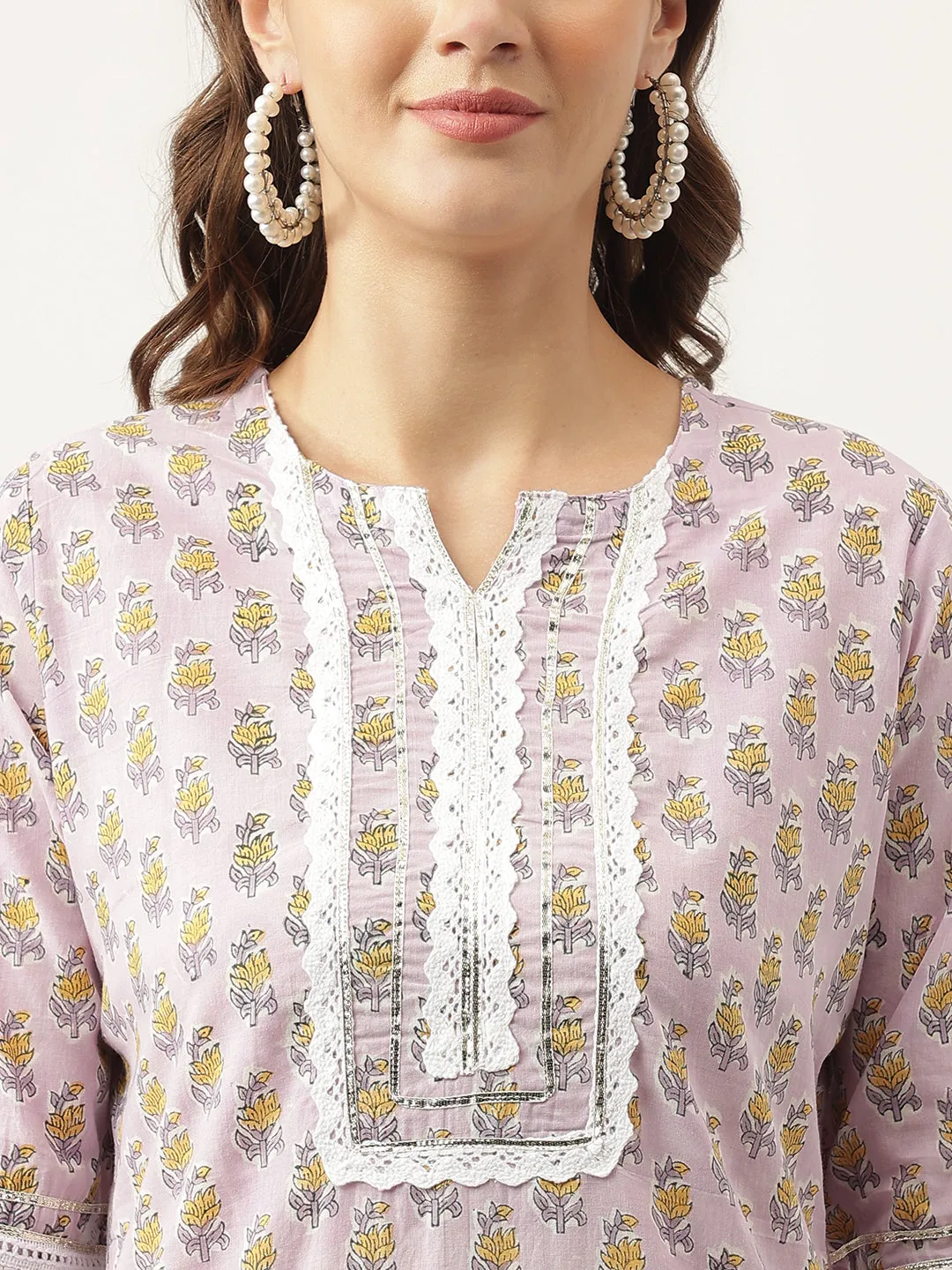 Lavender Printed Cotton Kurta, Trouser With Dupatta Set