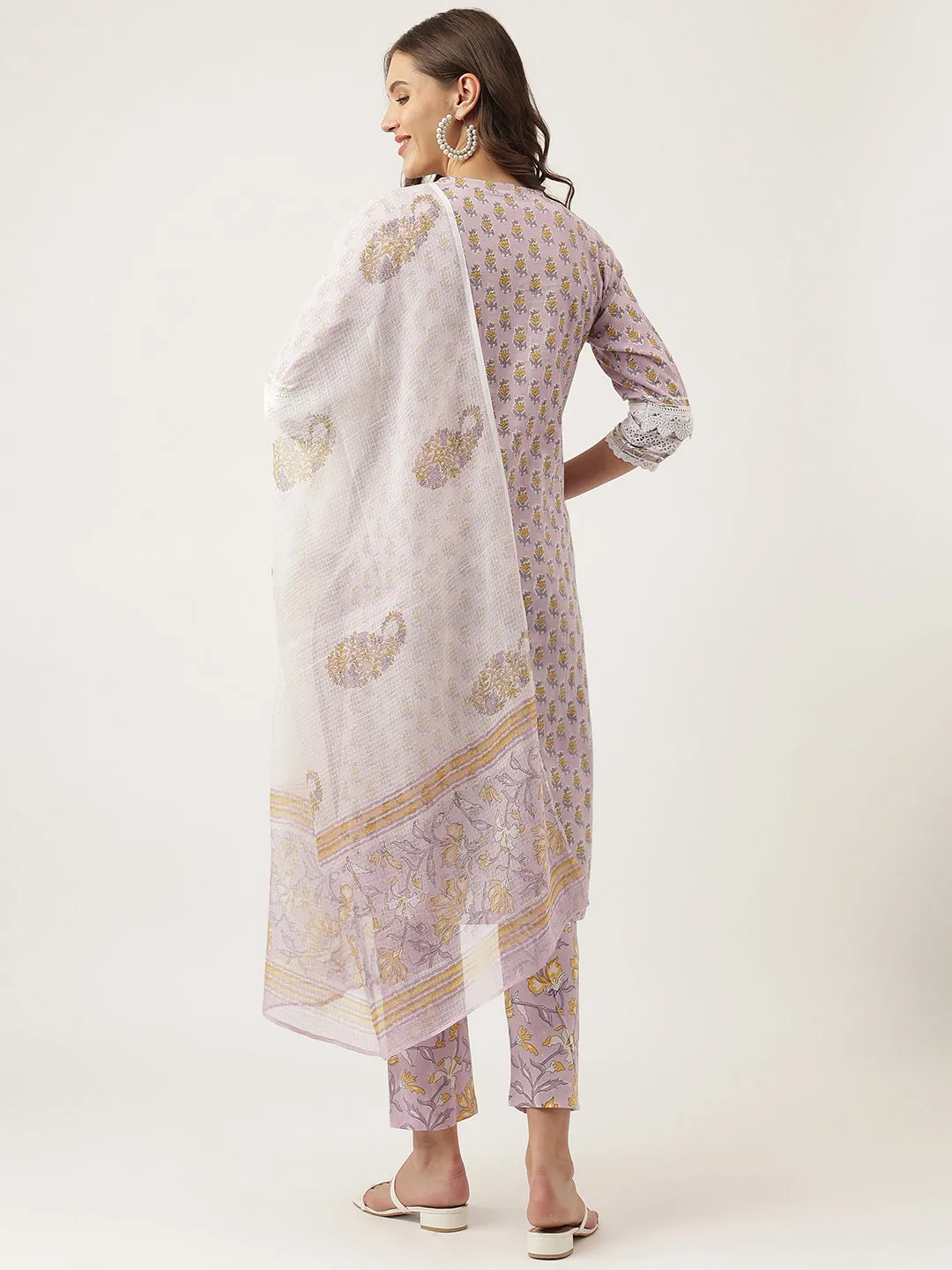 Lavender Printed Cotton Kurta, Trouser With Dupatta Set