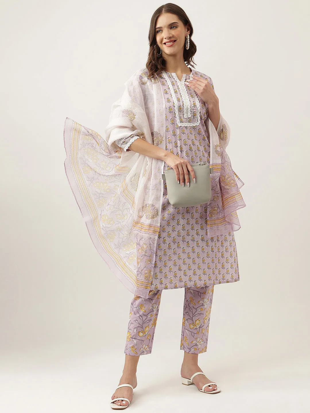 Lavender Printed Cotton Kurta, Trouser With Dupatta Set