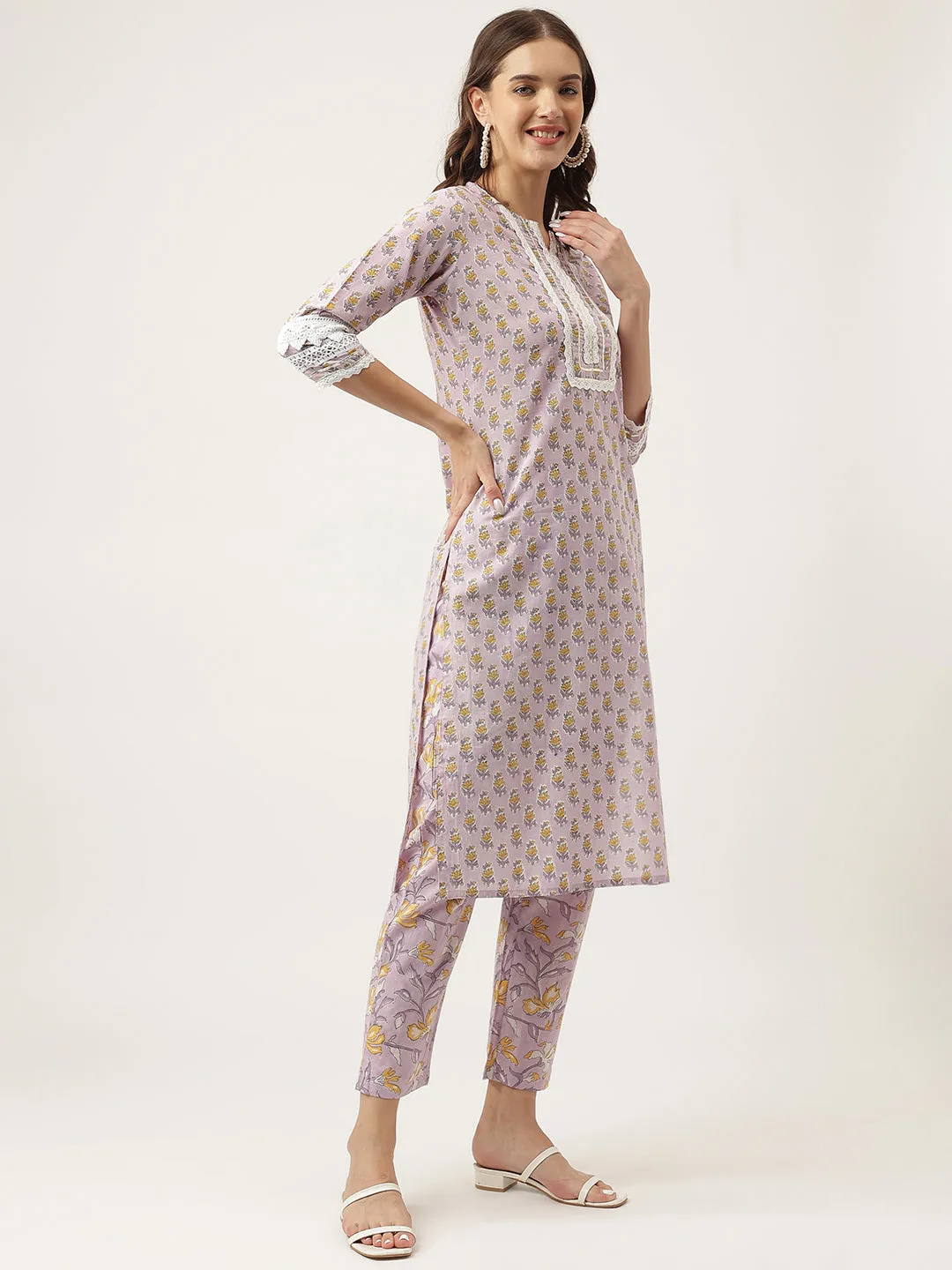 Lavender Printed Cotton Kurta, Trouser With Dupatta Set