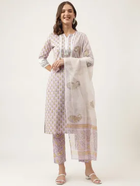 Lavender Printed Cotton Kurta, Trouser With Dupatta Set