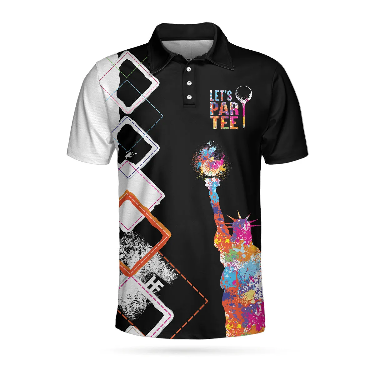 Let'S Par Tee Colorful Lady Liberty Patriotic Golfer Polo Shirt, Black And White Argyle Pattern Golf Shirt For Men Coolspod