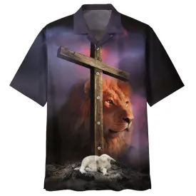 Lion Sheep Wooden Cross Hawaiian Shirts - Christian Hawaiian Shirt - Hawaiian Shirts For Men