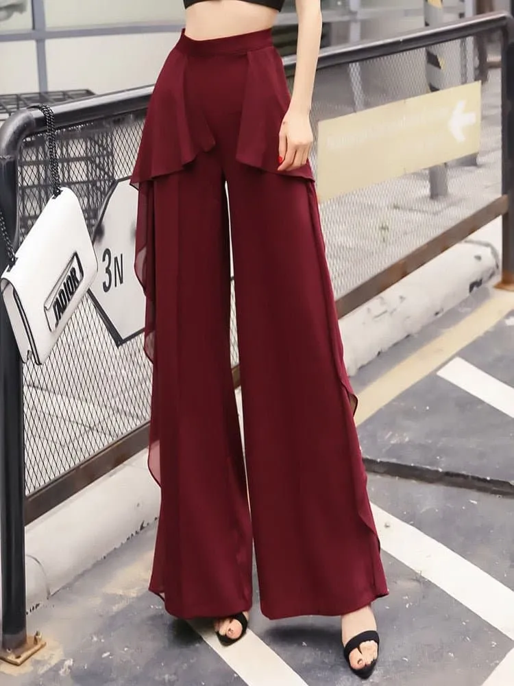 Loose High Waist Chiffon Ruffle Trousers - Elegant & Comfy