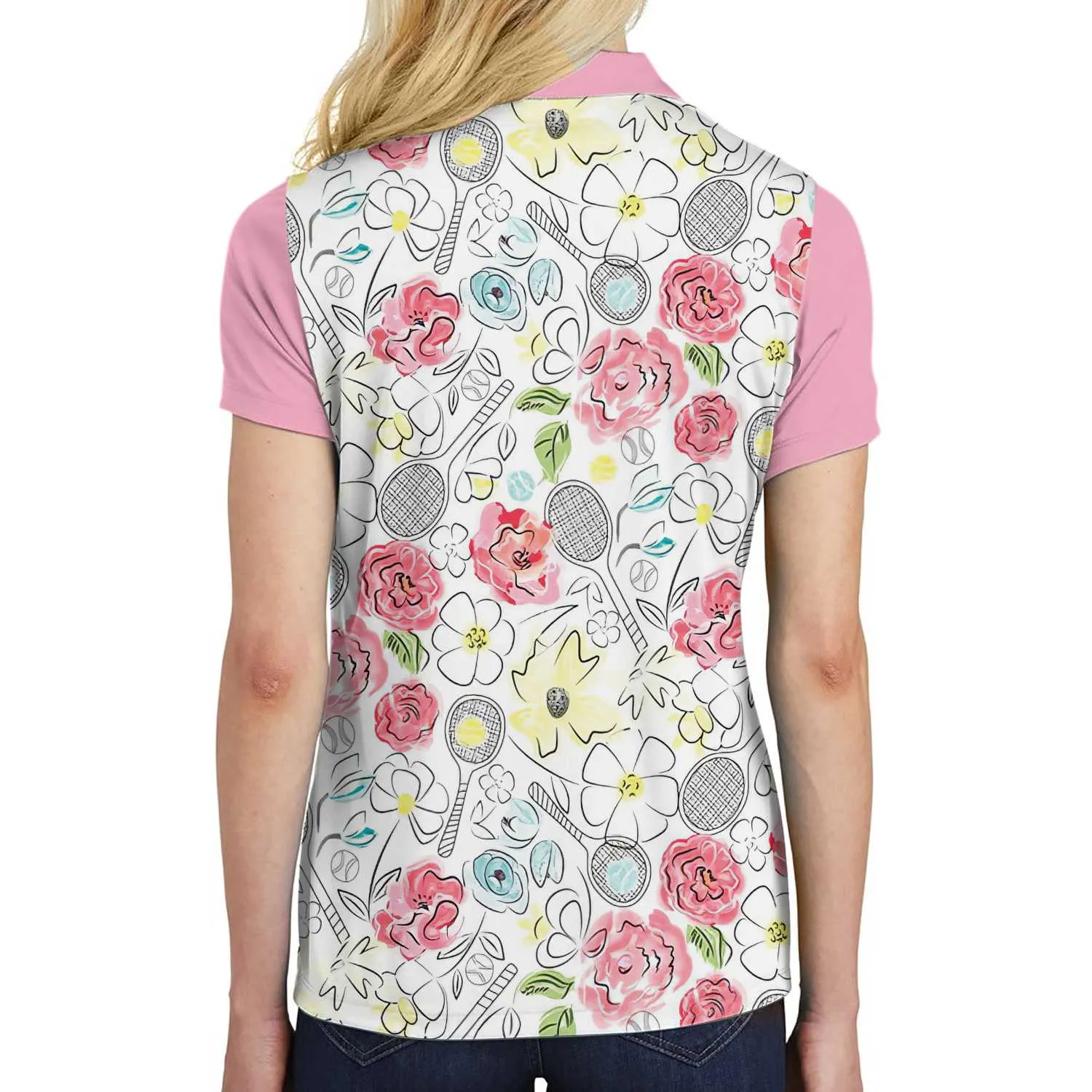 Lovely Pink Floral Tennis Pattern Short Sleeve Women Polo Shirt Coolspod