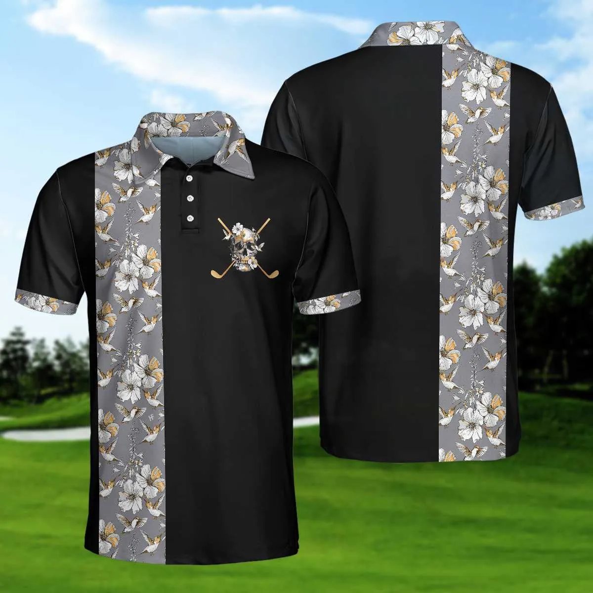 Luxury Golden Skull Black Golf Polo Shirt, Ash Floral Pattern Polo Shirt, Best Golf Shirt For Men Coolspod