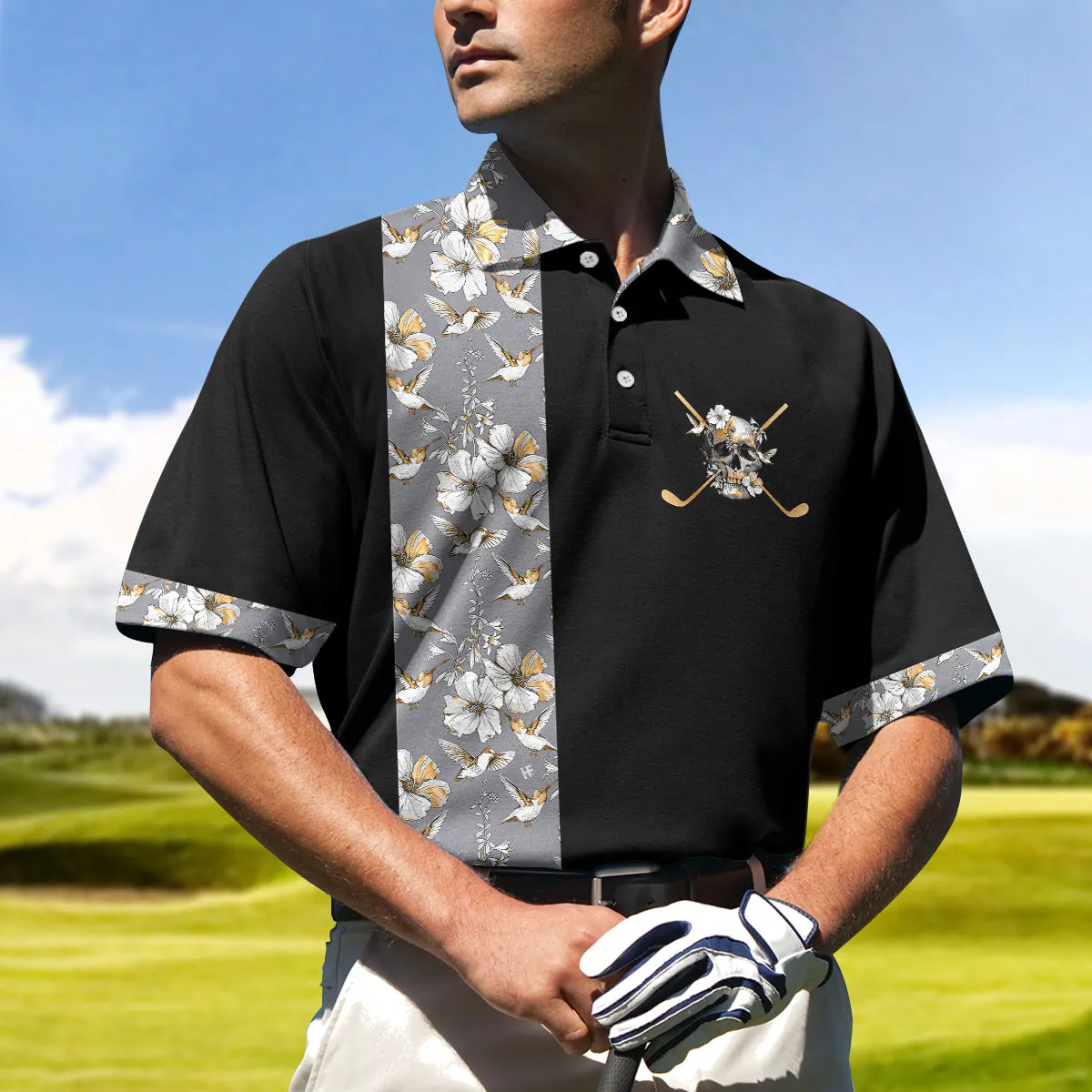 Luxury Golden Skull Black Golf Polo Shirt, Ash Floral Pattern Polo Shirt, Best Golf Shirt For Men Coolspod