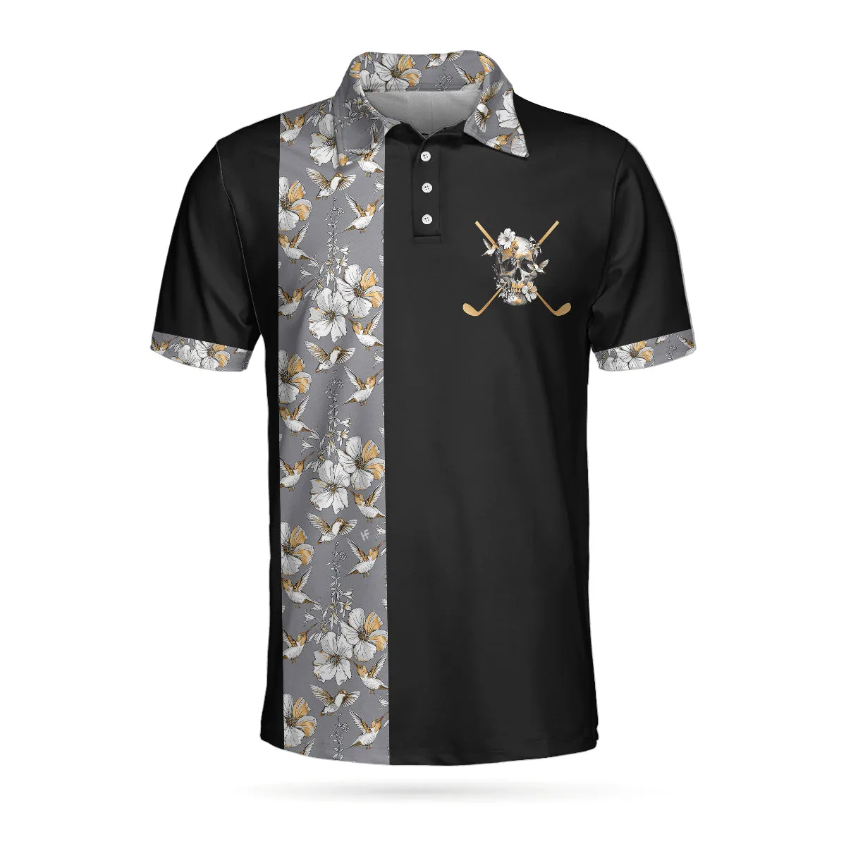 Luxury Golden Skull Black Golf Polo Shirt, Ash Floral Pattern Polo Shirt, Best Golf Shirt For Men Coolspod