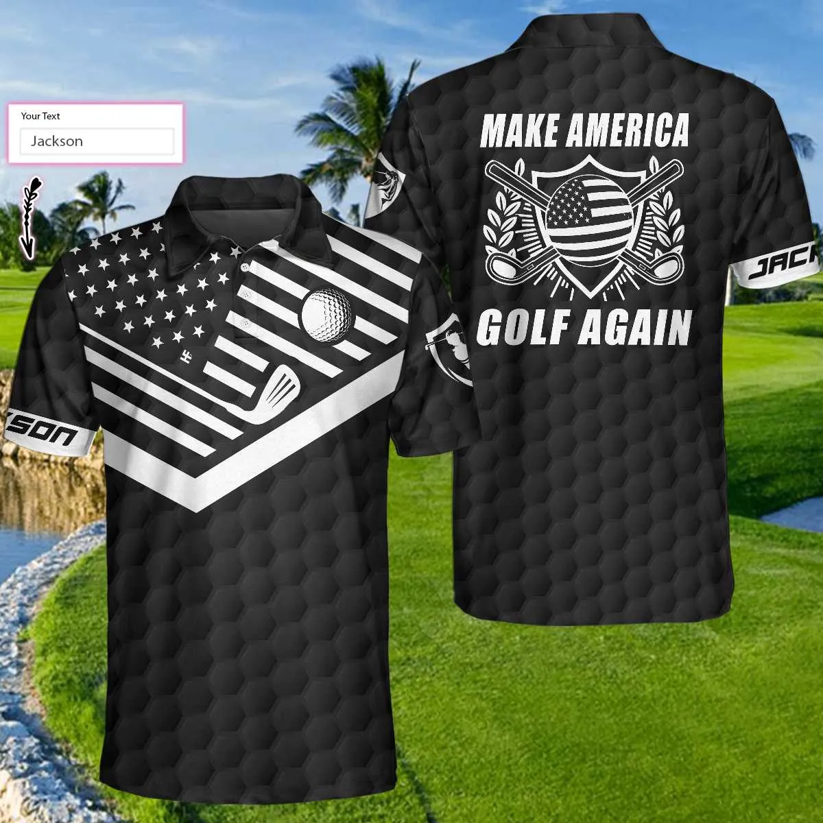 Make America Golf Again Custom Polo Shirt, Personalized Black American Flag Golf Shirt For Men Coolspod