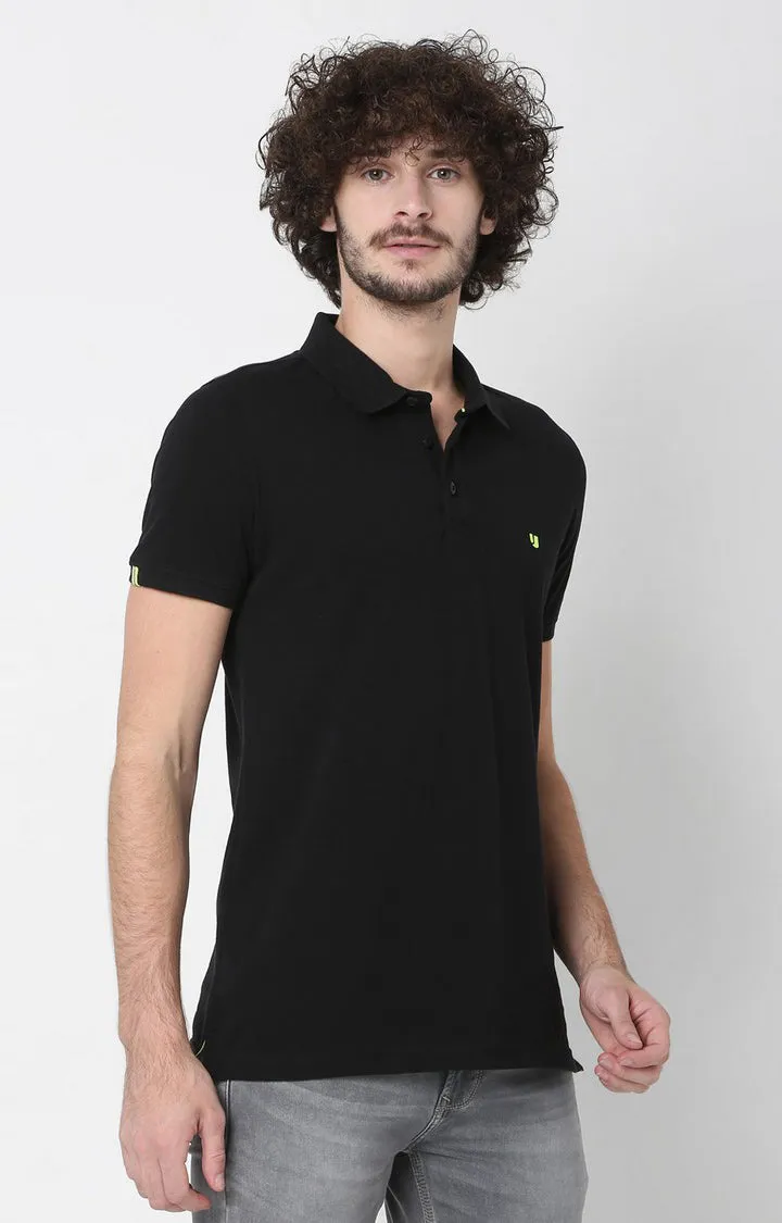 Men Premium Black Cotton Polo T-Shirts - Underjeans By Spykar