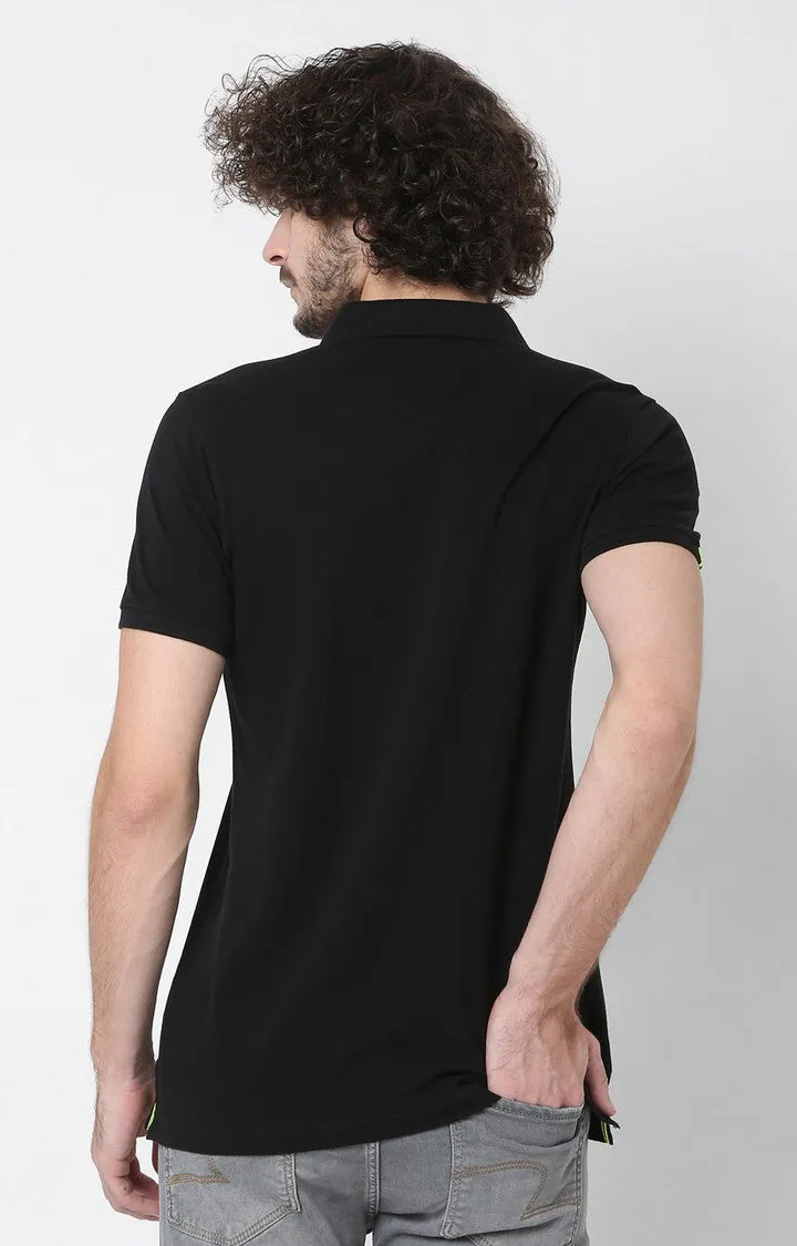 Men Premium Black Cotton Polo T-Shirts - Underjeans By Spykar