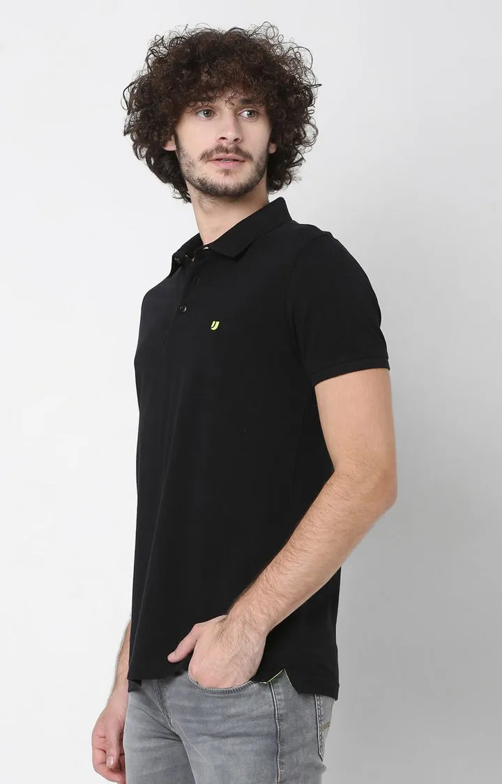 Men Premium Black Cotton Polo T-Shirts - Underjeans By Spykar