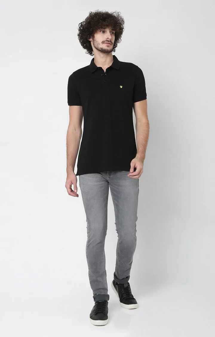 Men Premium Black Cotton Polo T-Shirts - Underjeans By Spykar