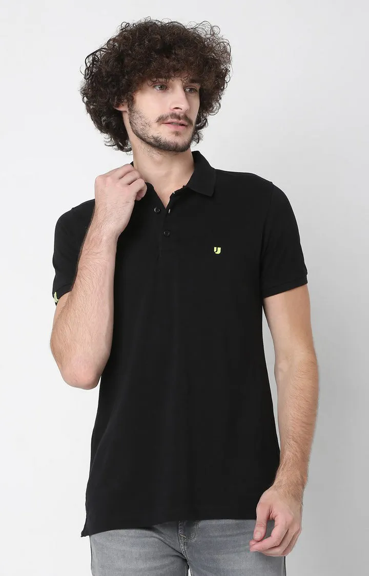 Men Premium Black Cotton Polo T-Shirts - Underjeans By Spykar