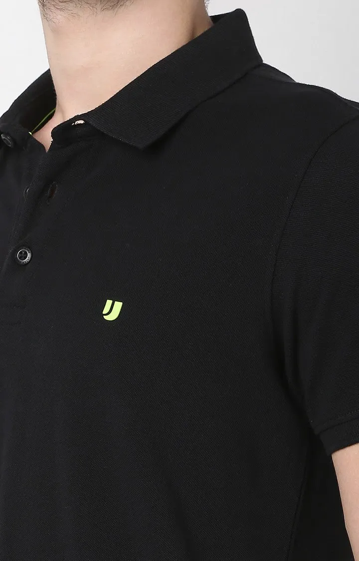 Men Premium Black Cotton Polo T-Shirts - Underjeans By Spykar