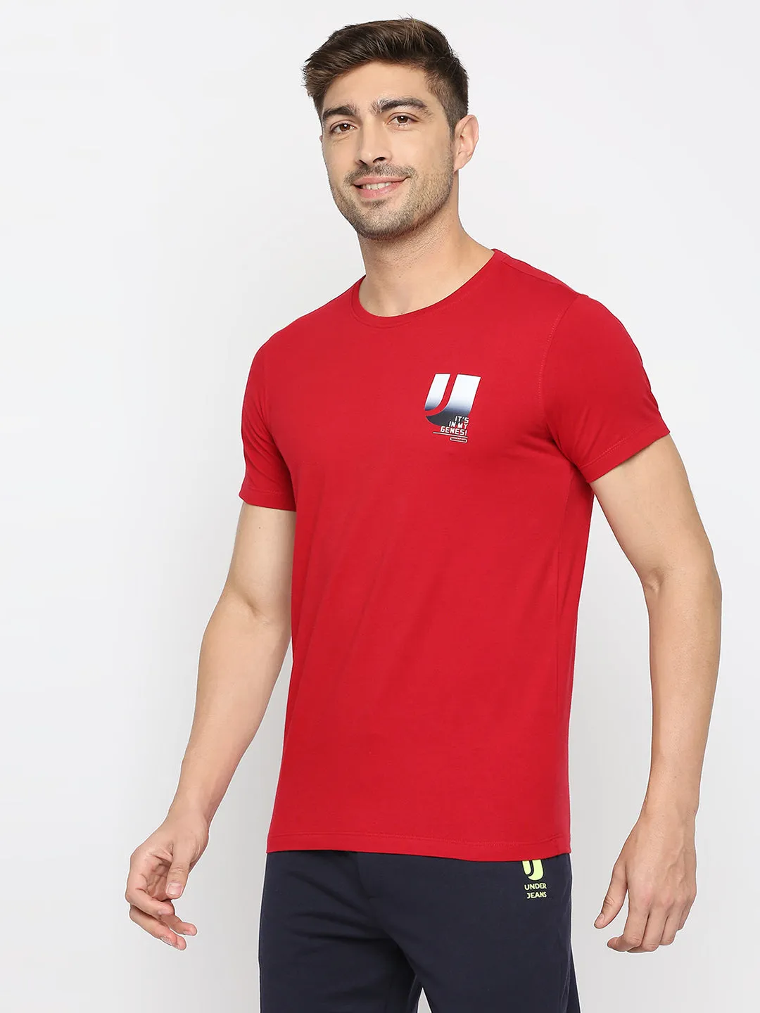 Men Premium Deep Red Cotton Round Neck Plain Tshirt- Underjeans By Spykar