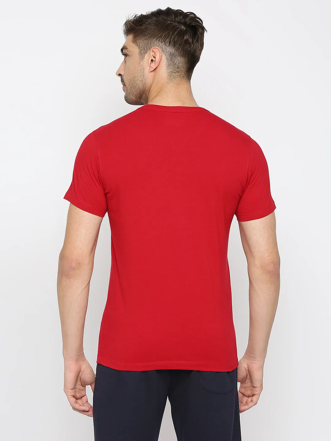 Men Premium Deep Red Cotton Round Neck Plain Tshirt- Underjeans By Spykar