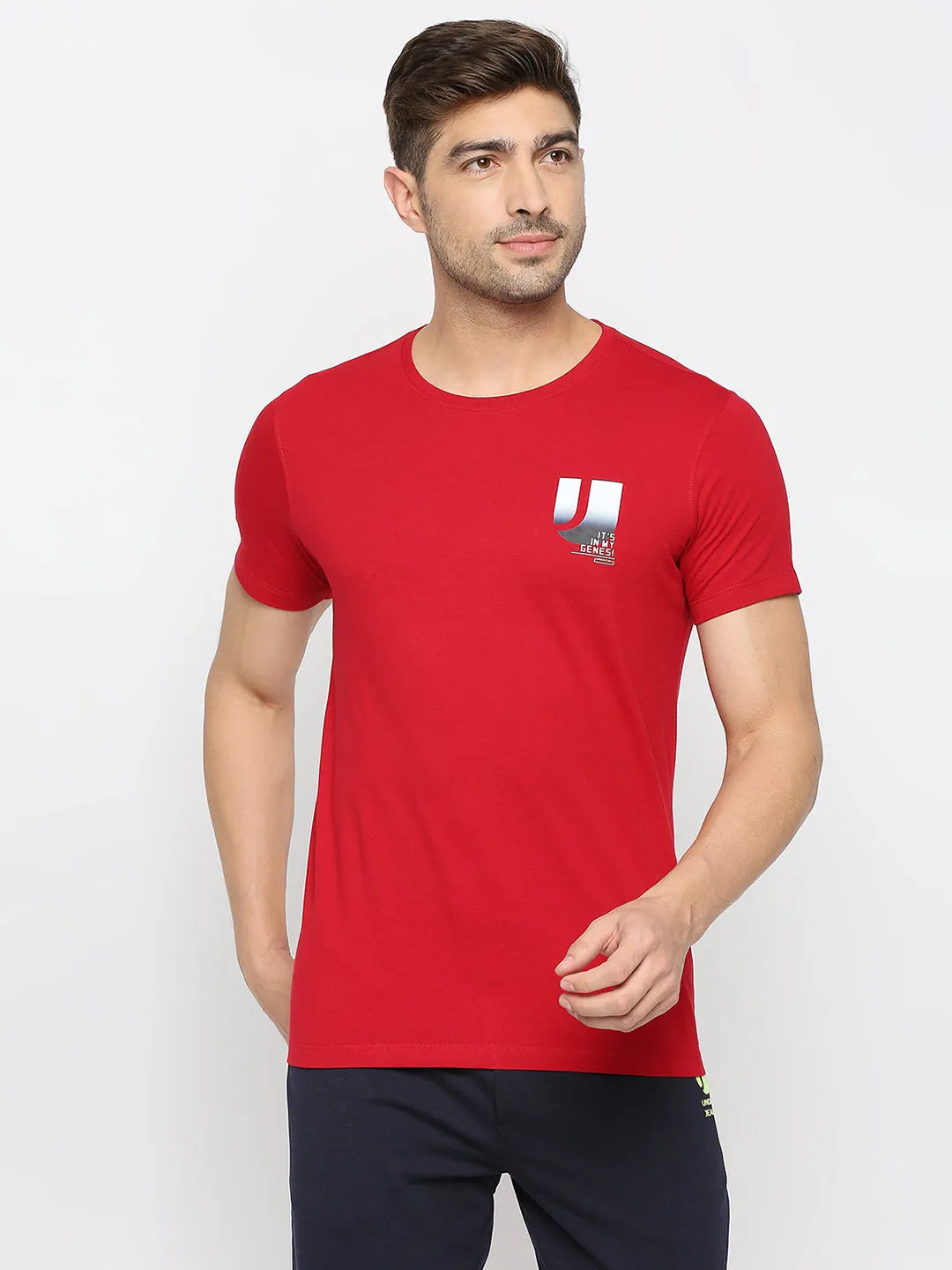 Men Premium Deep Red Cotton Round Neck Plain Tshirt- Underjeans By Spykar