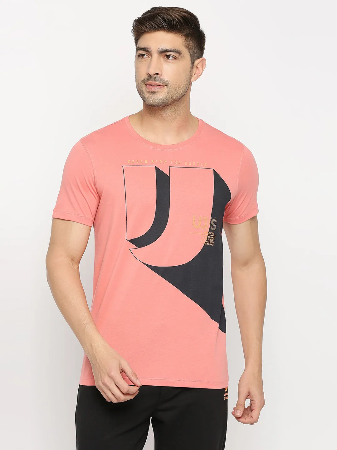 Men Premium Dusty Coral Cotton Round Neck Printed Tshirt- Underjeans By Spykar