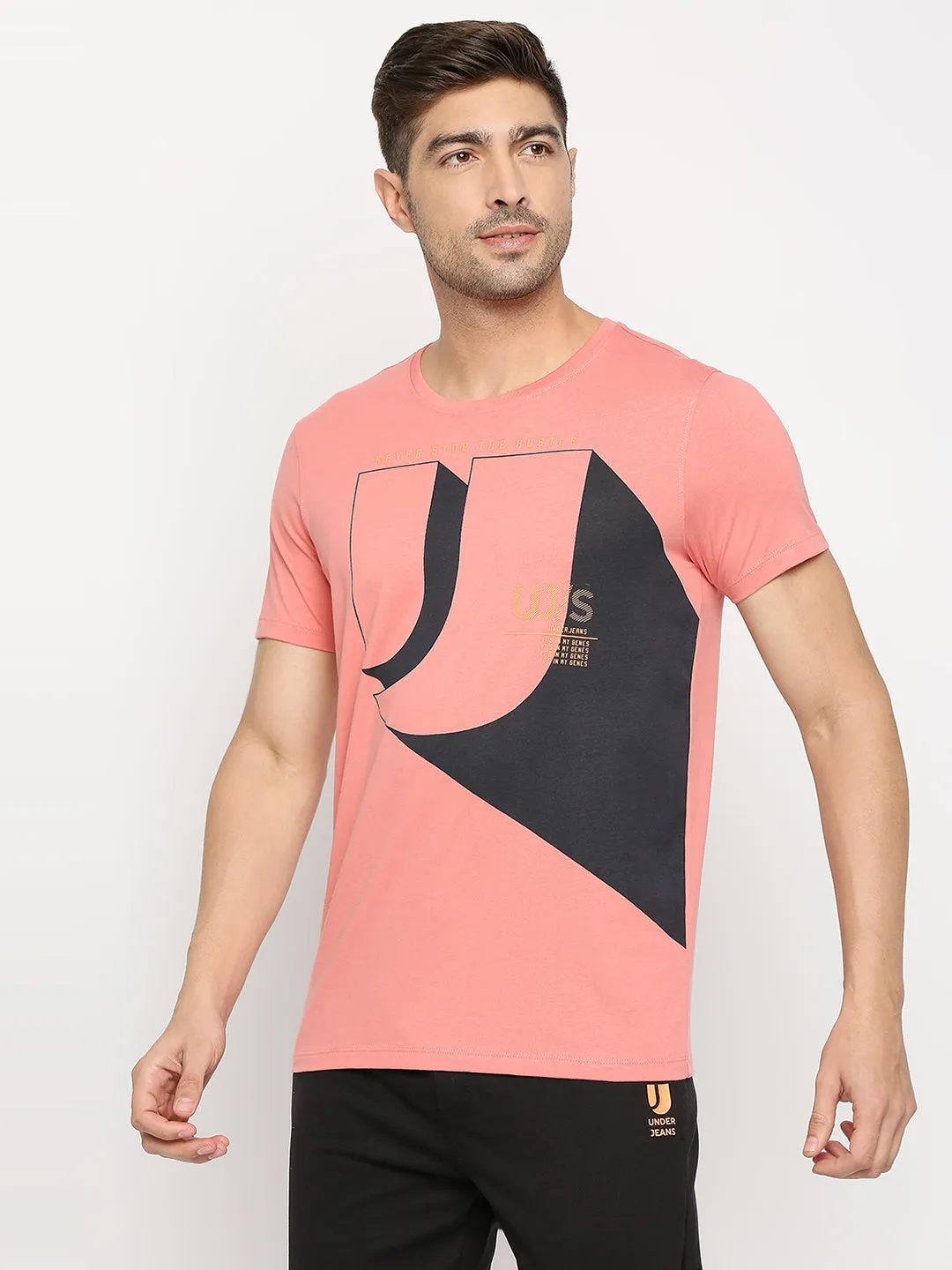 Men Premium Dusty Coral Cotton Round Neck Printed Tshirt- Underjeans By Spykar