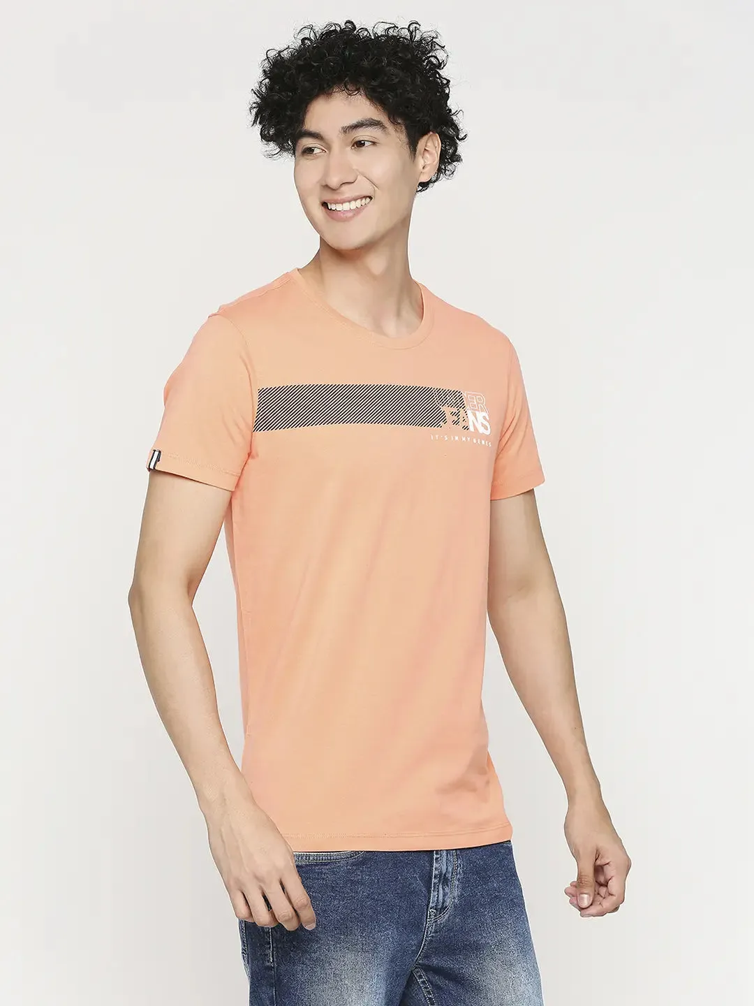 Men Premium Peach Cotton Half Sleeve Printed Tshirt- Underjeans By Spykar