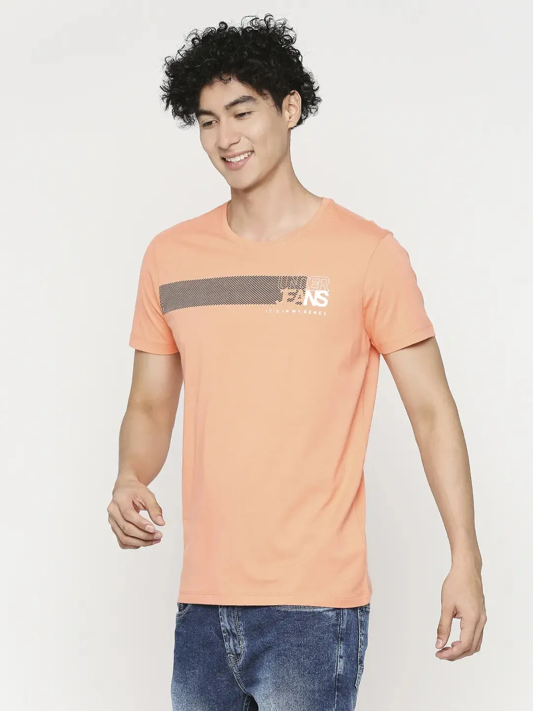 Men Premium Peach Cotton Half Sleeve Printed Tshirt- Underjeans By Spykar