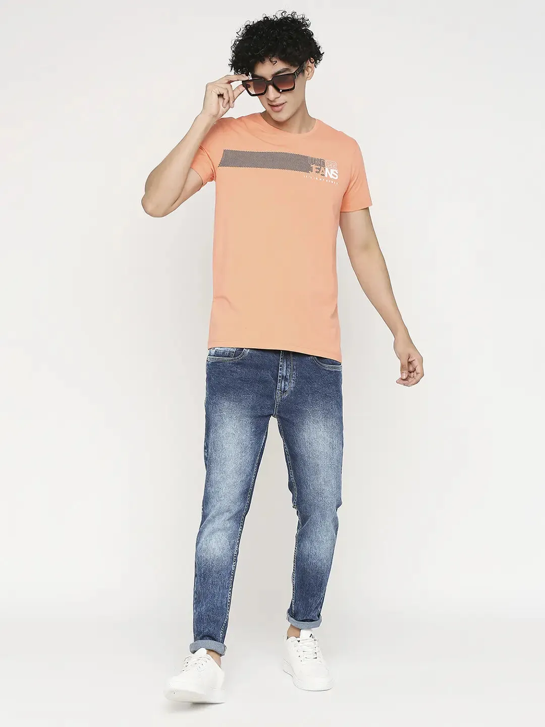 Men Premium Peach Cotton Half Sleeve Printed Tshirt- Underjeans By Spykar