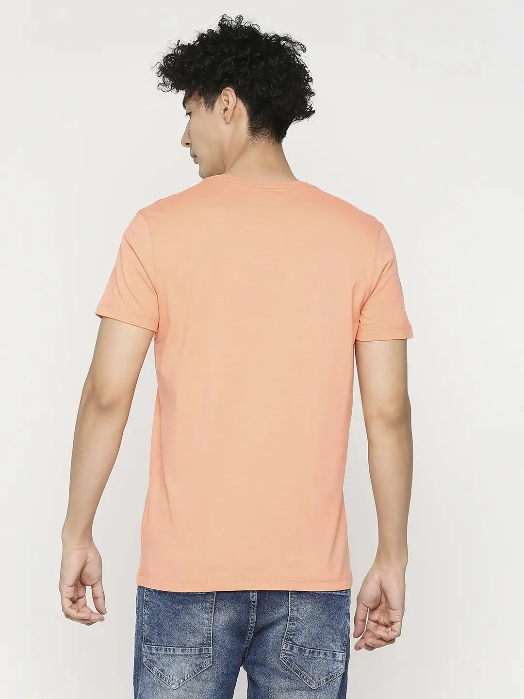 Men Premium Peach Cotton Half Sleeve Printed Tshirt- Underjeans By Spykar