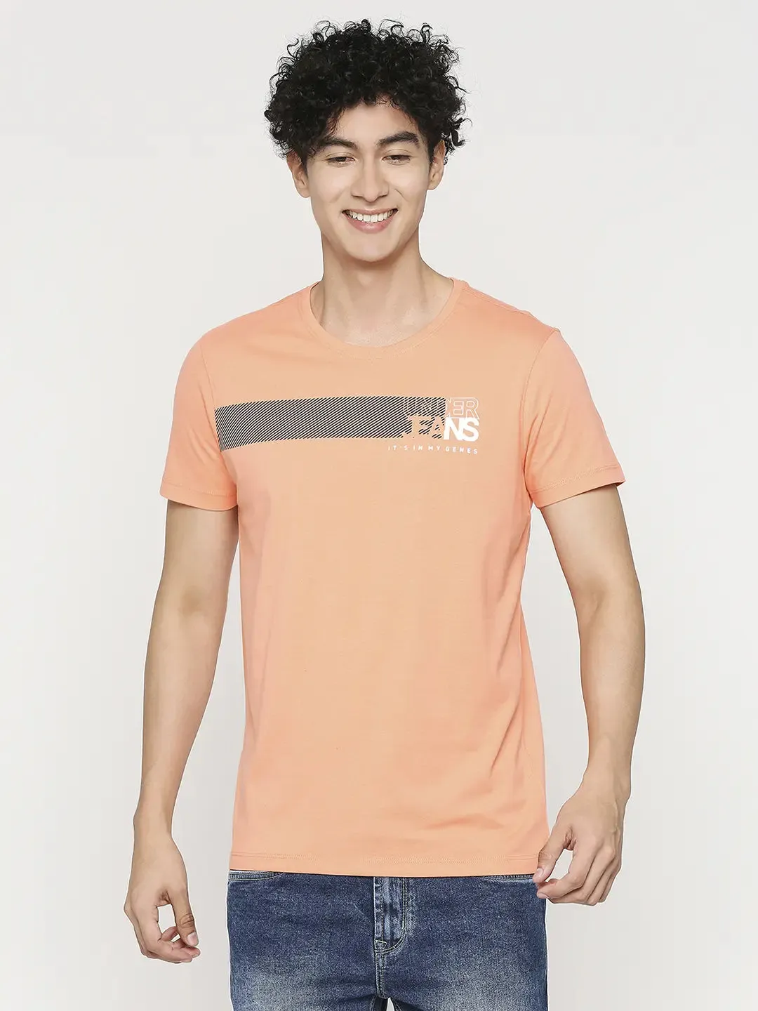 Men Premium Peach Cotton Half Sleeve Printed Tshirt- Underjeans By Spykar