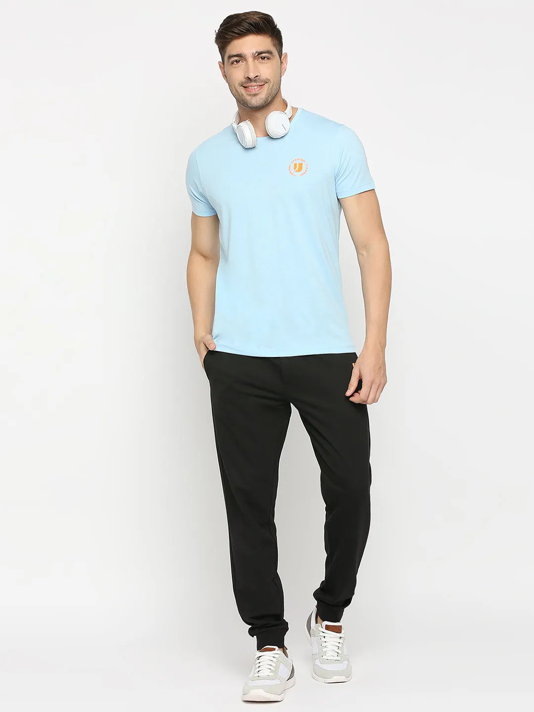 Men Premium Powder Blue Cotton Round Neck Plain Tshirt- Underjeans By Spykar