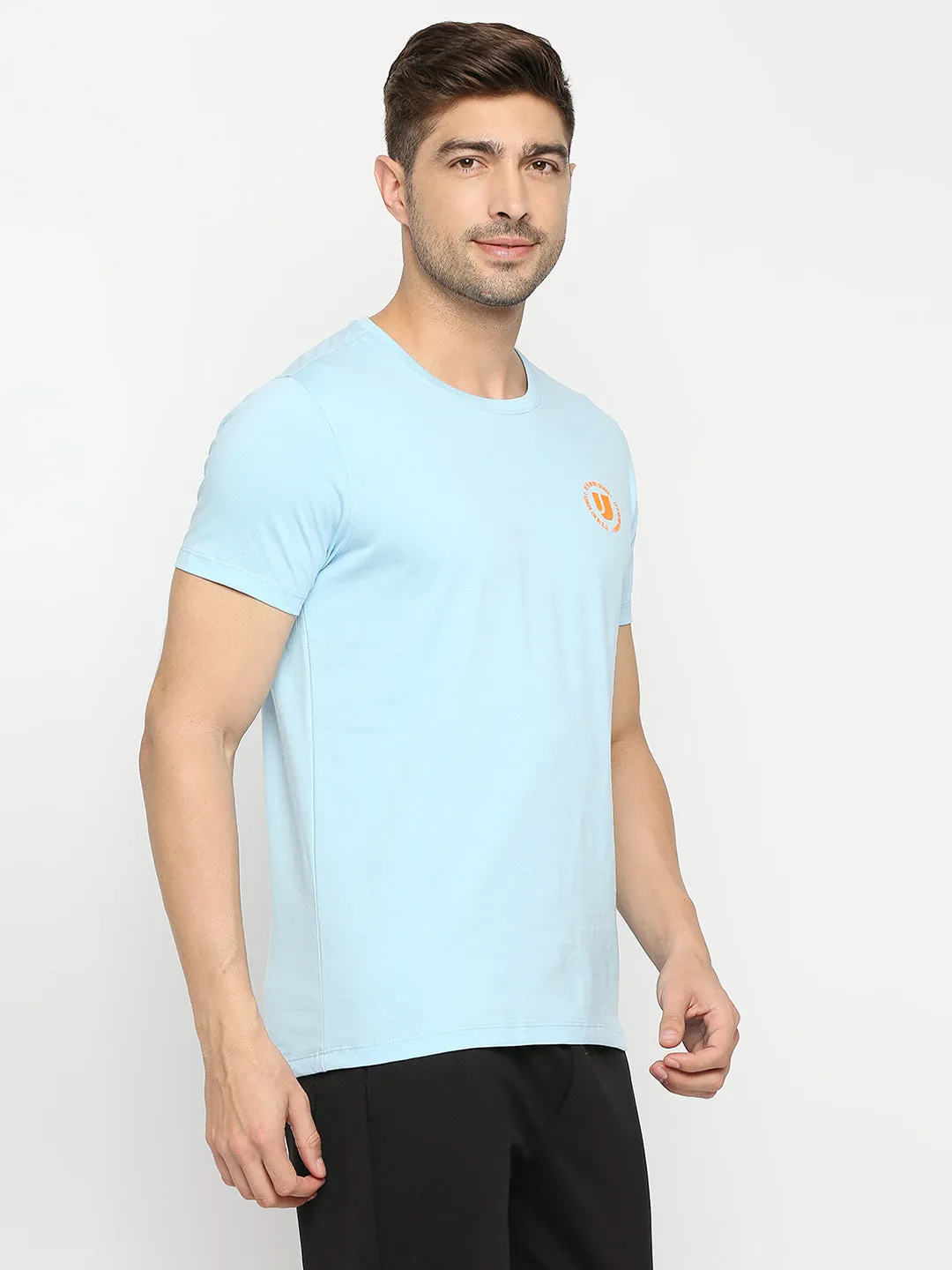 Men Premium Powder Blue Cotton Round Neck Plain Tshirt- Underjeans By Spykar