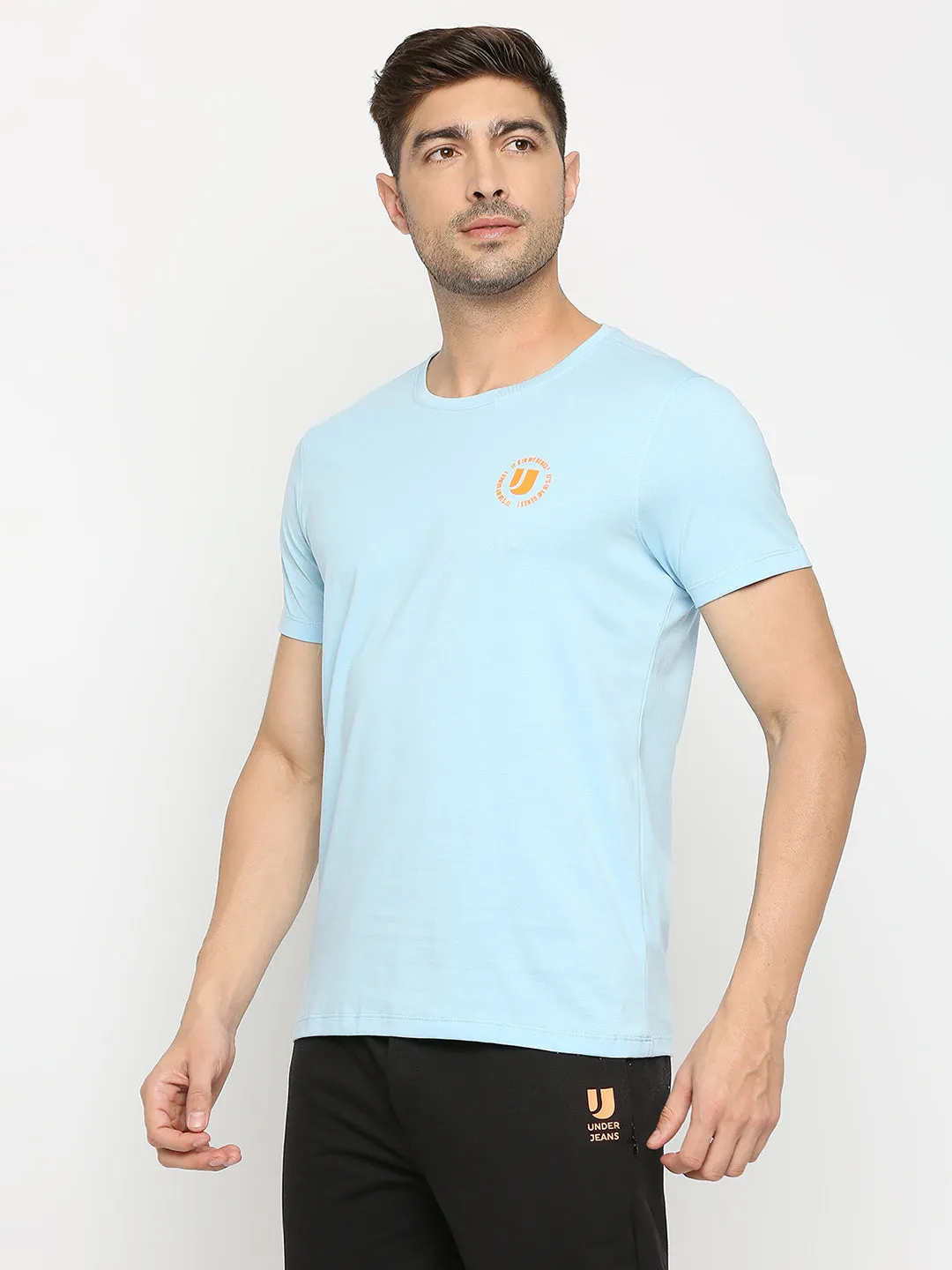 Men Premium Powder Blue Cotton Round Neck Plain Tshirt- Underjeans By Spykar