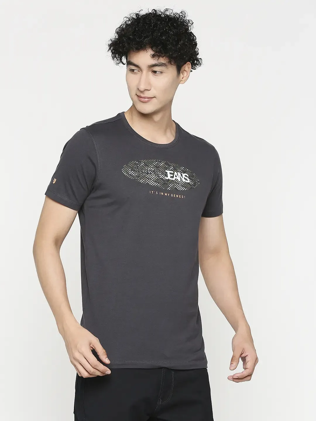 Men Premium Slate Grey Cotton Half Sleeve Printed Tshirt - Underjeans By Spykar