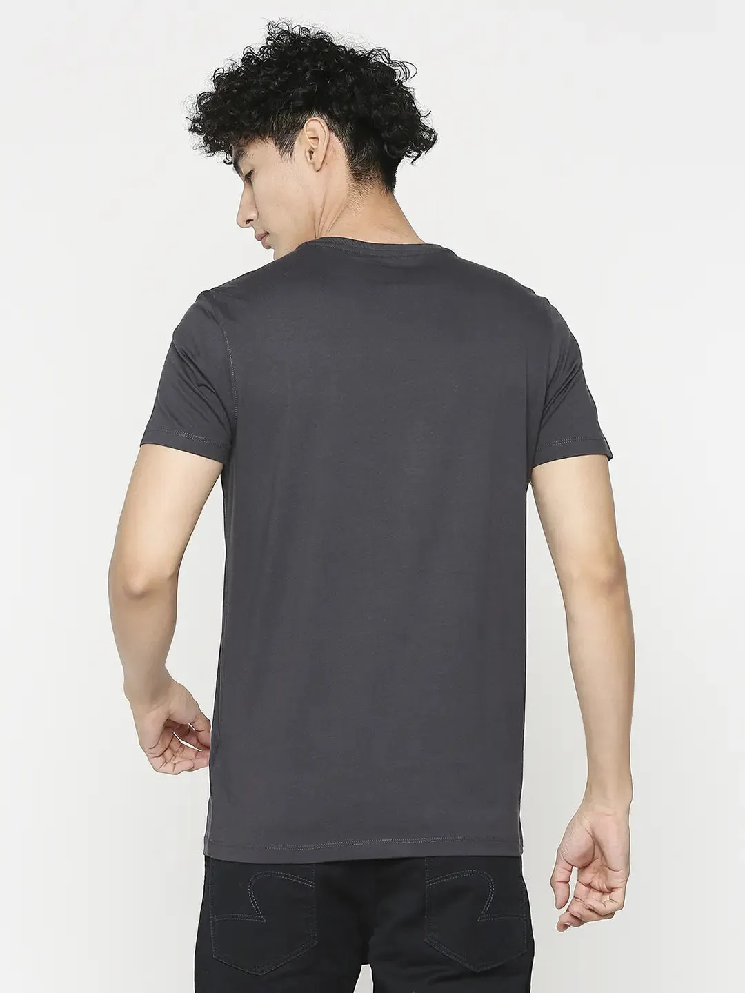 Men Premium Slate Grey Cotton Half Sleeve Printed Tshirt - Underjeans By Spykar