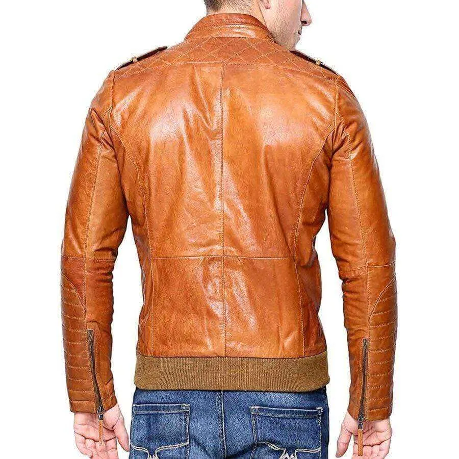 Men Real Lambskin Tan Brown Leather Motorcycle Slim fit Biker Bomber Jacket