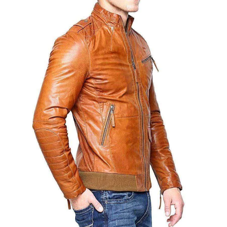 Men Real Lambskin Tan Brown Leather Motorcycle Slim fit Biker Bomber Jacket