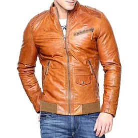 Men Real Lambskin Tan Brown Leather Motorcycle Slim fit Biker Bomber Jacket