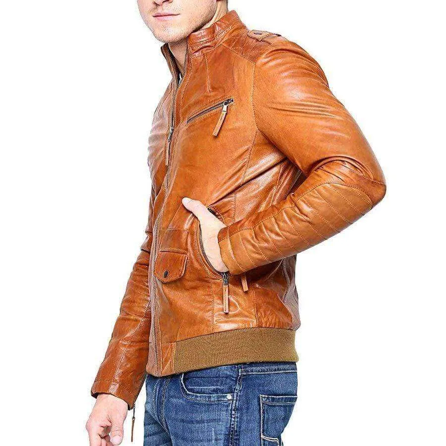 Men Real Lambskin Tan Brown Leather Motorcycle Slim fit Biker Bomber Jacket