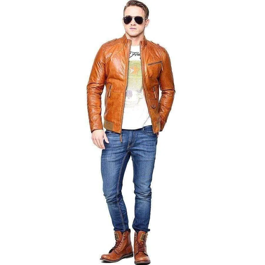 Men Real Lambskin Tan Brown Leather Motorcycle Slim fit Biker Bomber Jacket