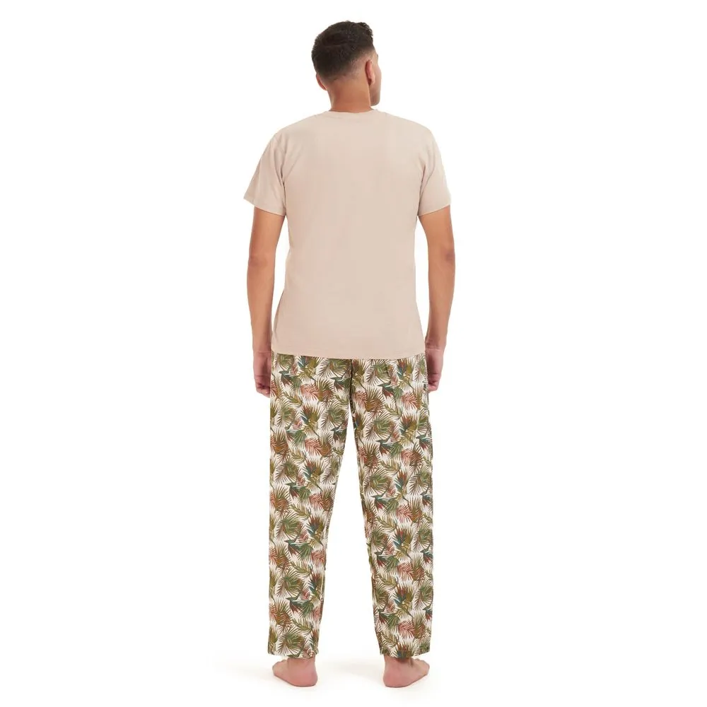 Men summer pajama set Beige t-shirt  Havane leaves Pants