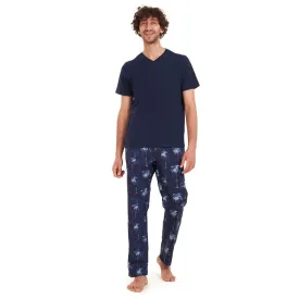 Men summer pajama set Dark blue t-shirt  Dark blue Palm Pants