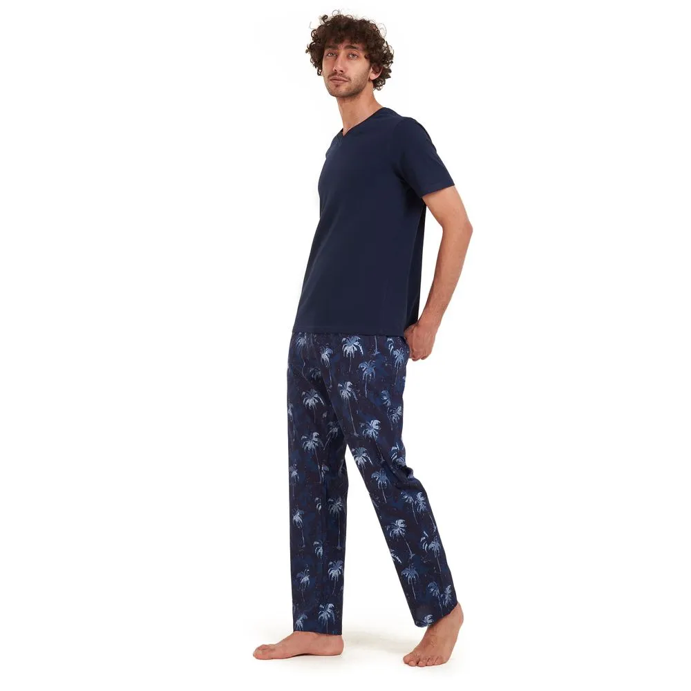 Men summer pajama set Dark blue t-shirt  Dark blue Palm Pants