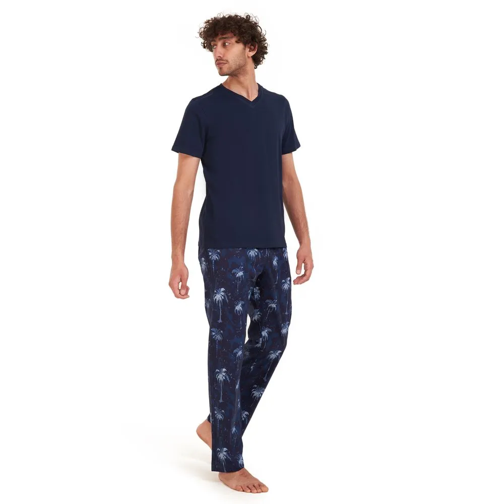 Men summer pajama set Dark blue t-shirt  Dark blue Palm Pants