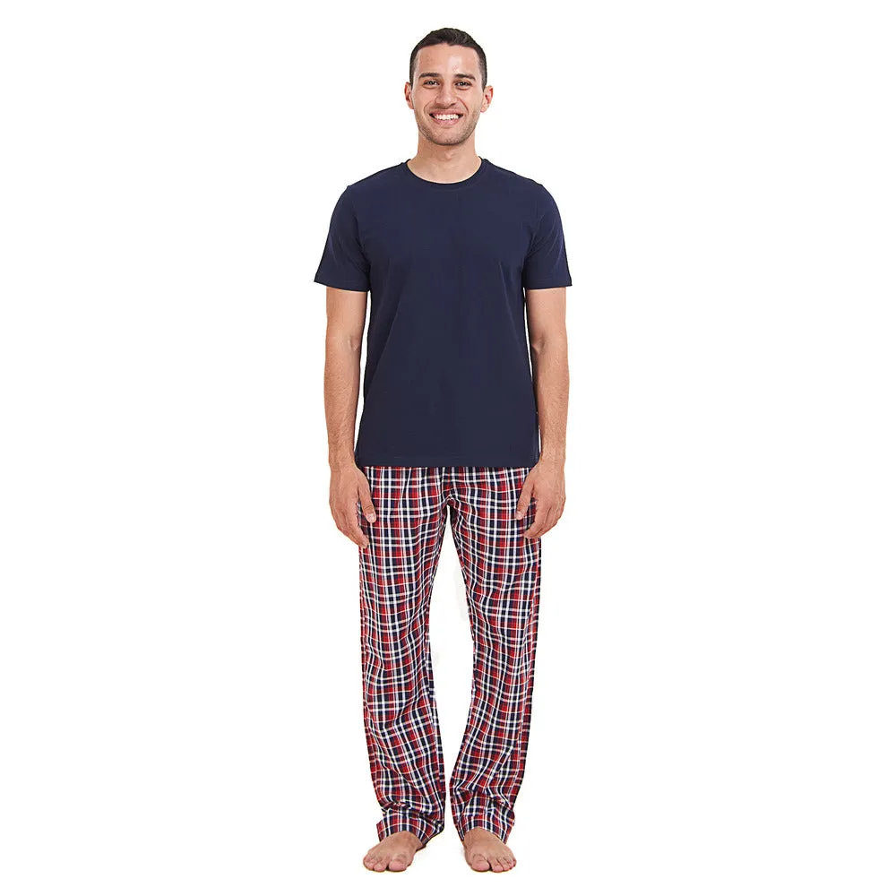 Men summer pajama set Dark Blue T-shirt   Dark Blue x Red Checkered Pants