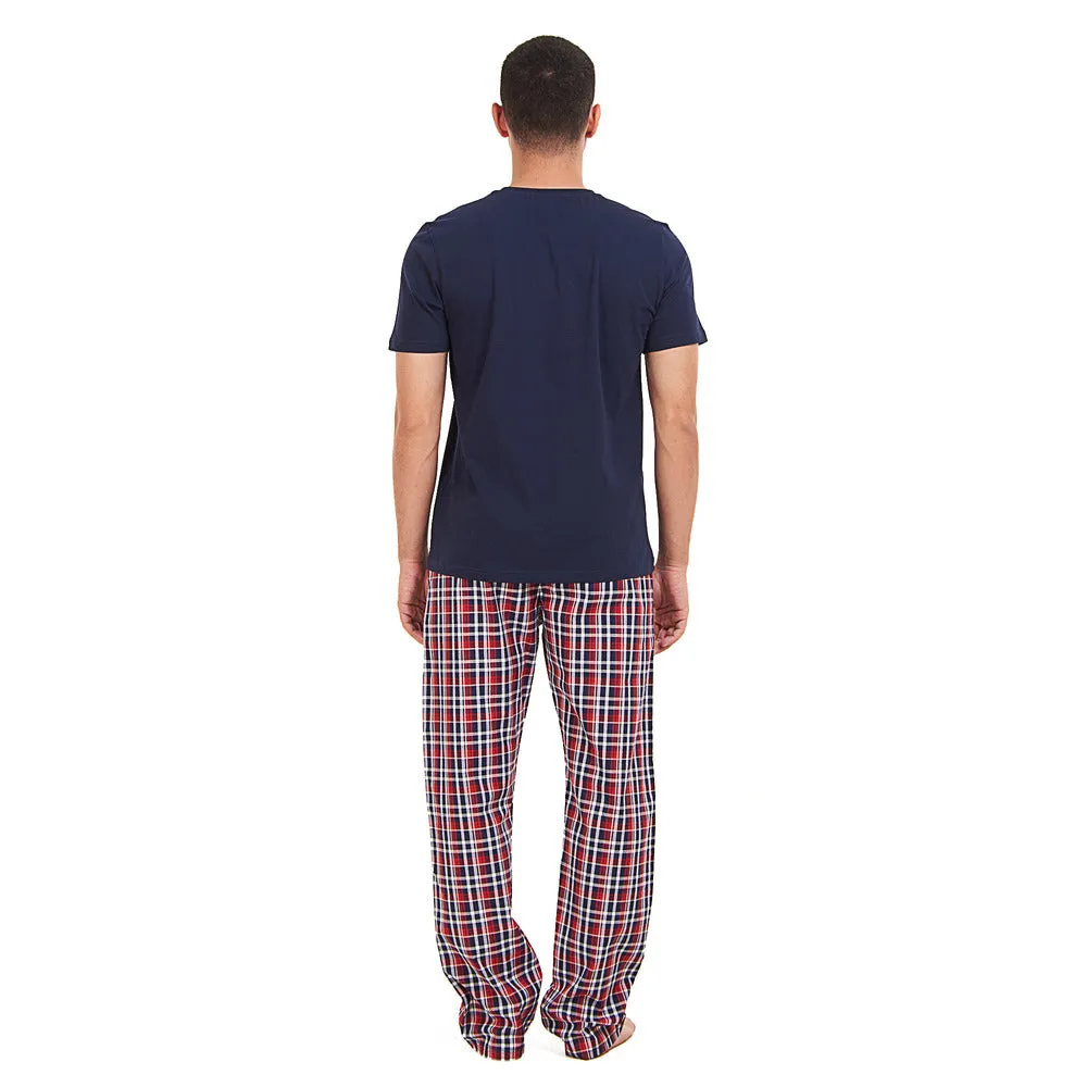 Men summer pajama set Dark Blue T-shirt   Dark Blue x Red Checkered Pants