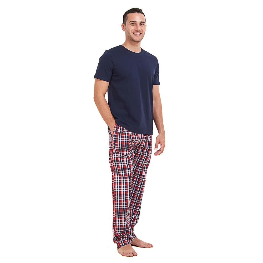 Men summer pajama set Dark Blue T-shirt   Dark Blue x Red Checkered Pants