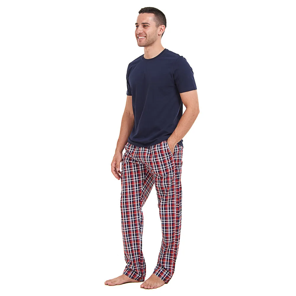 Men summer pajama set Dark Blue T-shirt   Dark Blue x Red Checkered Pants