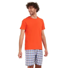 Men summer pajama set Orange T-shirt   White x Yellow checkered short