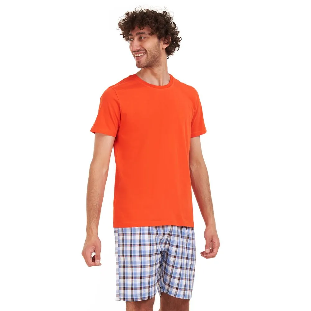 Men summer pajama set Orange T-shirt   White x Yellow checkered short