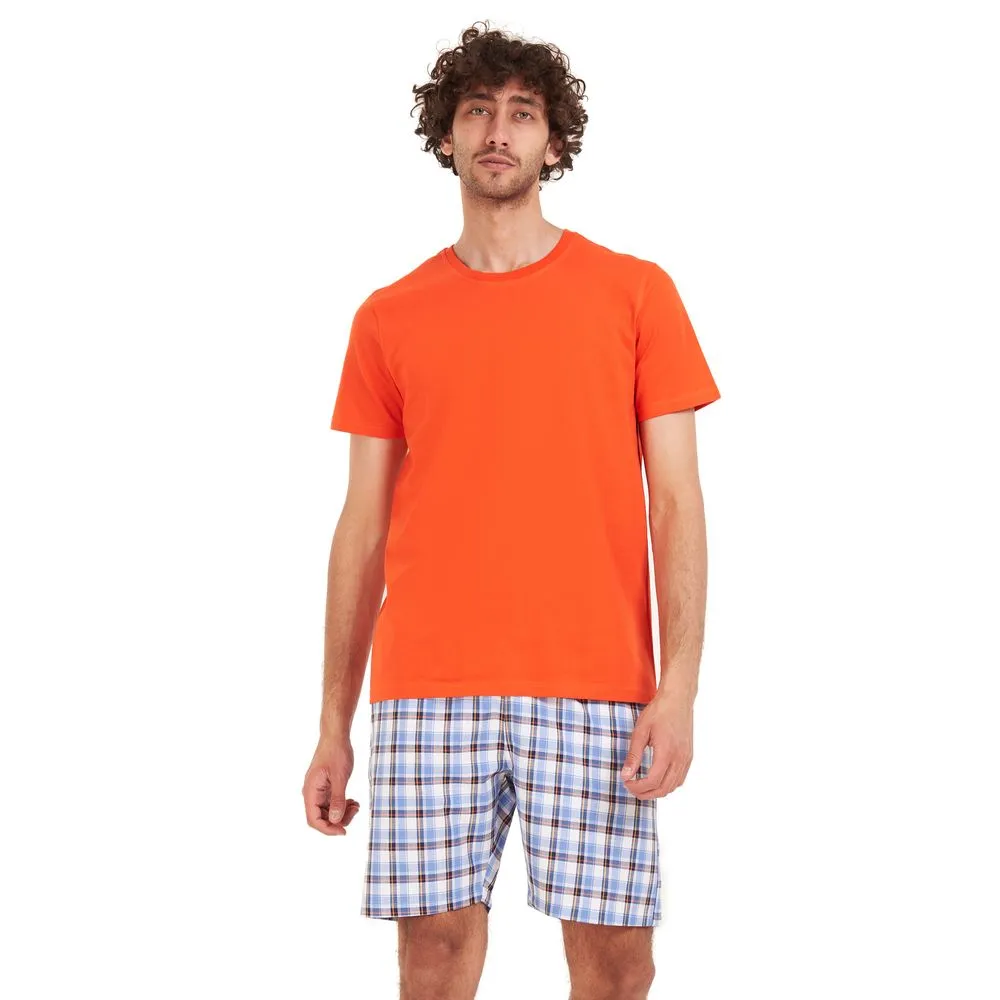 Men summer pajama set Orange T-shirt   White x Yellow checkered short